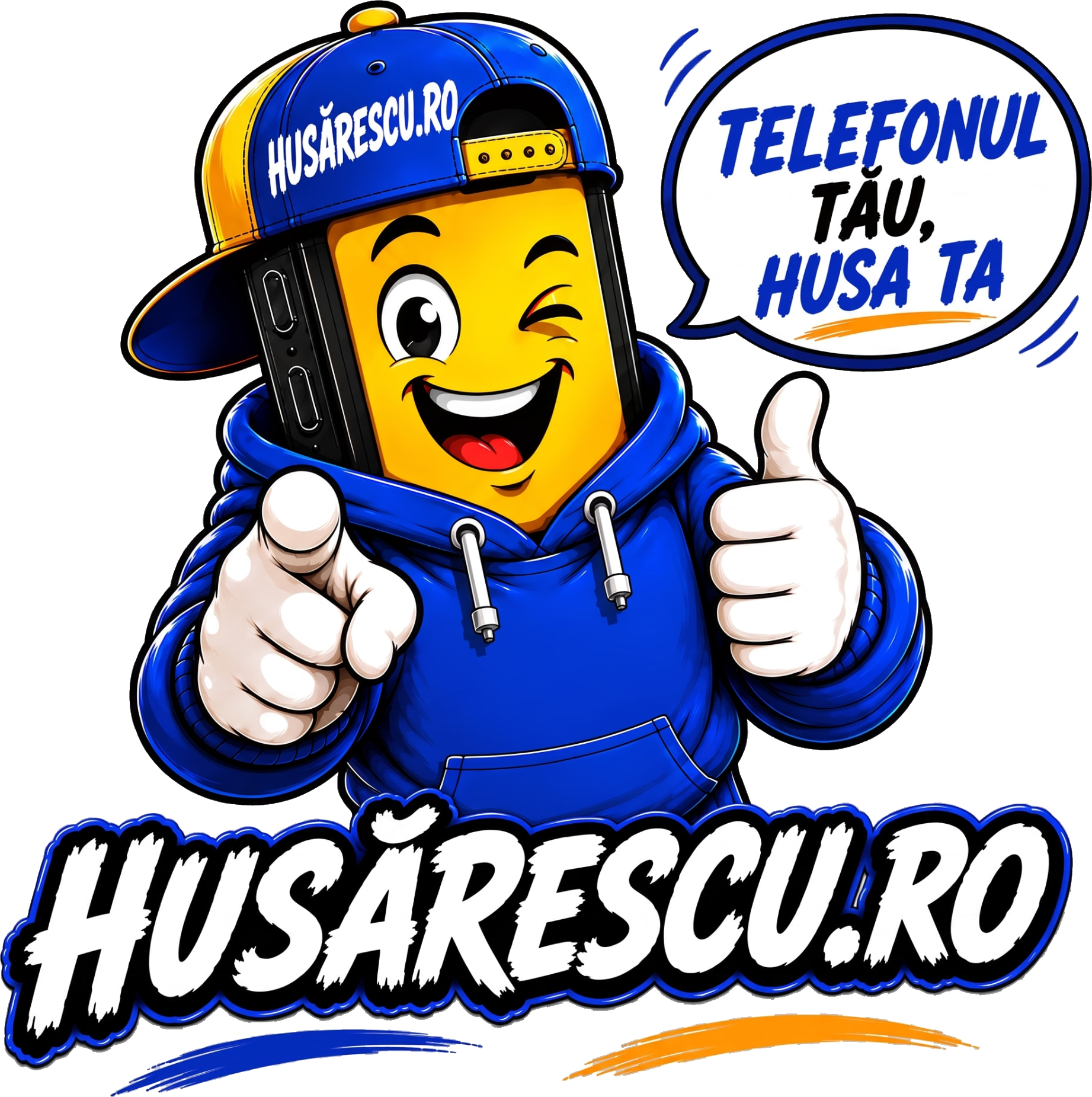 Mascota Husărescu.ro cu șapcă și hanorac albastru și sloganul „Telefonul tău, husa ta” — huse personalizate pentru iPhone